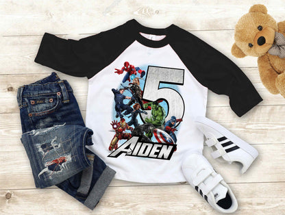 Superhero Comic Birthday T Shirt, Superhero theme Party, Iron Man, Hulk Personalized shirt Kids, family tees Custom