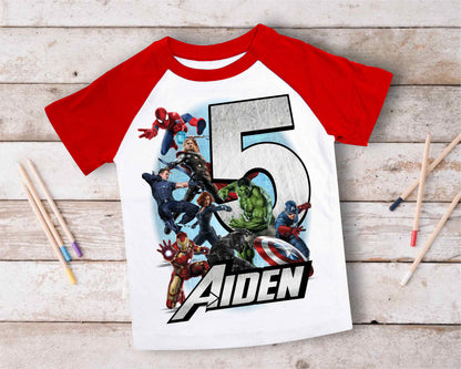 Superhero Comic Birthday T Shirt, Superhero theme Party, Iron Man, Hulk Personalized shirt Kids, family tees Custom