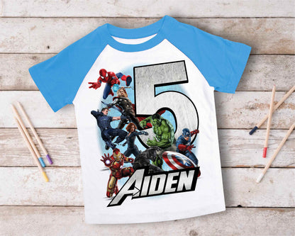 Superhero Comic Birthday T Shirt, Superhero theme Party, Iron Man, Hulk Personalized shirt Kids, family tees Custom
