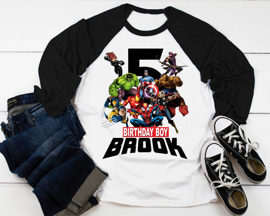 Superhero Comic Birthday T Shirt, Superhero theme Party, Iron Man, Hulk Personalized shirt Kids, family tees Custom