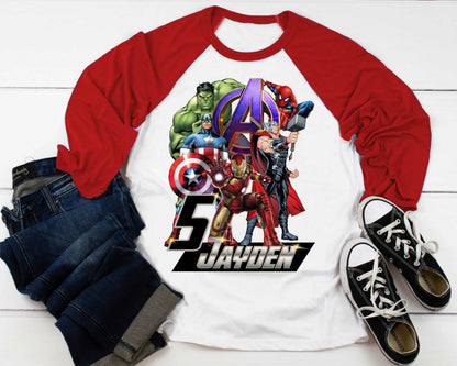 Superhero Comic Birthday T Shirt, Superhero theme Party, Iron Man, Hulk Personalized shirt Kids, family tees Custom