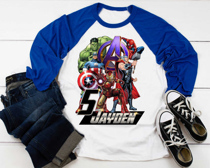 Superhero Comic Birthday T Shirt, Superhero theme Party, Iron Man, Hulk Personalized shirt Kids, family tees Custom