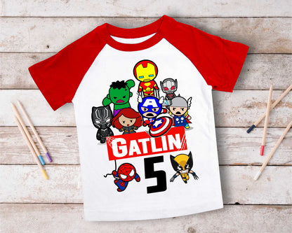 Superhero Comic Birthday T Shirt, Superhero theme Party, Iron Man, Hulk Personalized shirt Kids, family tees Custom