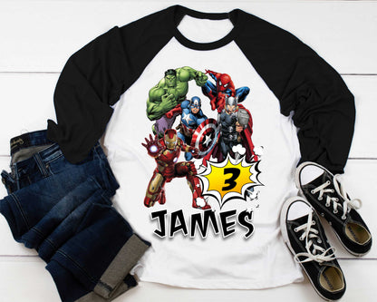 Superhero Comic Birthday T Shirt, Superhero theme Party, Iron Man, Hulk Personalized shirt Kids, family tees Custom