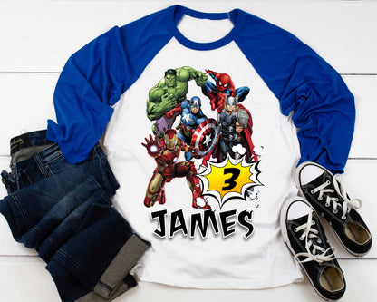 Superhero Comic Birthday T Shirt, Superhero theme Party, Iron Man, Hulk Personalized shirt Kids, family tees Custom