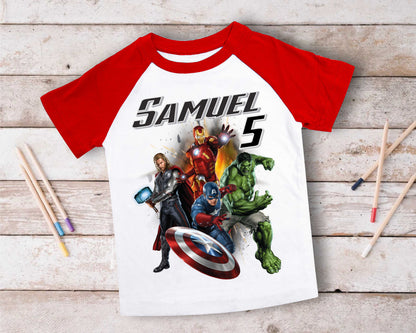 Superhero Comic Birthday T Shirt, Superhero theme Party, Iron Man, Hulk Personalized shirt Kids, family tees Custom