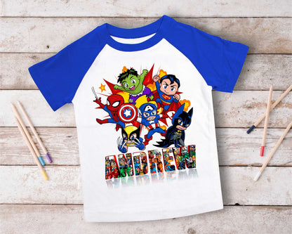 Superhero Comic Birthday T Shirt, Superhero theme Party, Iron Man, Hulk Personalized shirt Kids, family tees Custom
