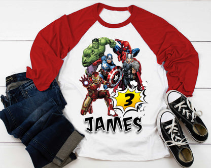 Superhero Comic Birthday T Shirt, Superhero theme Party, Iron Man, Hulk Personalized shirt Kids, family tees Custom