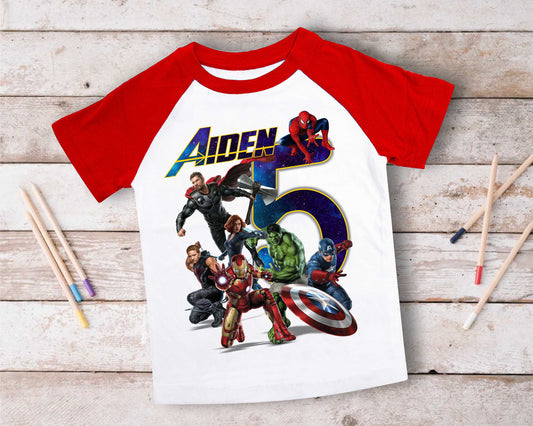 Superhero Comic Birthday T Shirt, Superhero theme Party, Iron Man, Hulk Personalized shirt Kids, family tees Custom