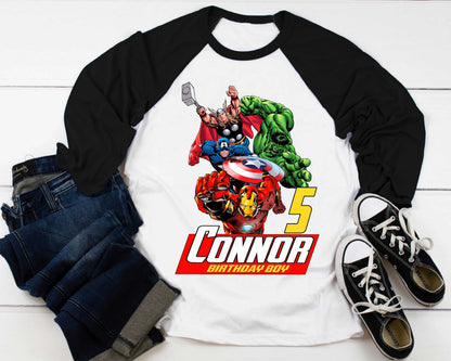 Superhero Comic Birthday T Shirt, Superhero theme Party, Iron Man, Hulk Personalized shirt Kids, family tees Custom