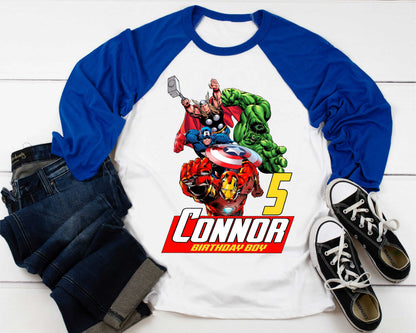 Superhero Comic Birthday T Shirt, Superhero theme Party, Iron Man, Hulk Personalized shirt Kids, family tees Custom