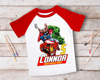 Superhero Comic Birthday T Shirt, Superhero theme Party, Iron Man, Hulk Personalized shirt Kids, family tees Custom