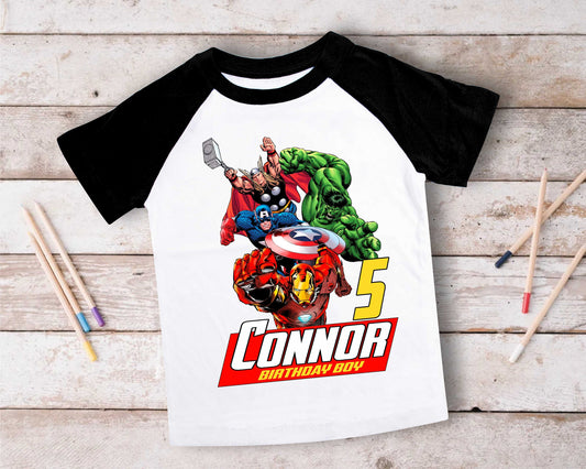 Superhero Comic Birthday T Shirt, Superhero theme Party, Iron Man, Hulk Personalized shirt Kids, family tees Custom