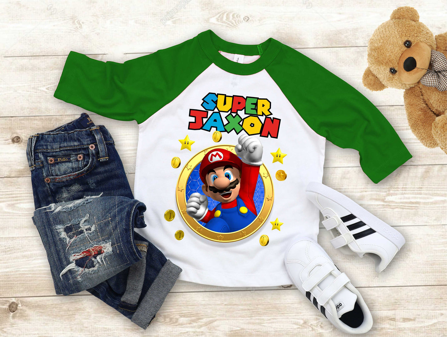 Mario Birthday Custom T Shirt, Personalized Family shirt, All colors, All Sizes, Short, 3/4 & Long Raglan Sleeves