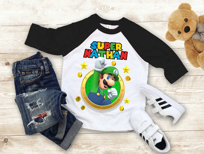 Luigi Birthday T Shirt, Super gift, Mario Personalized Family shirt, All colors, All Sizes, Short, 3/4 & Long Raglan Sleeves