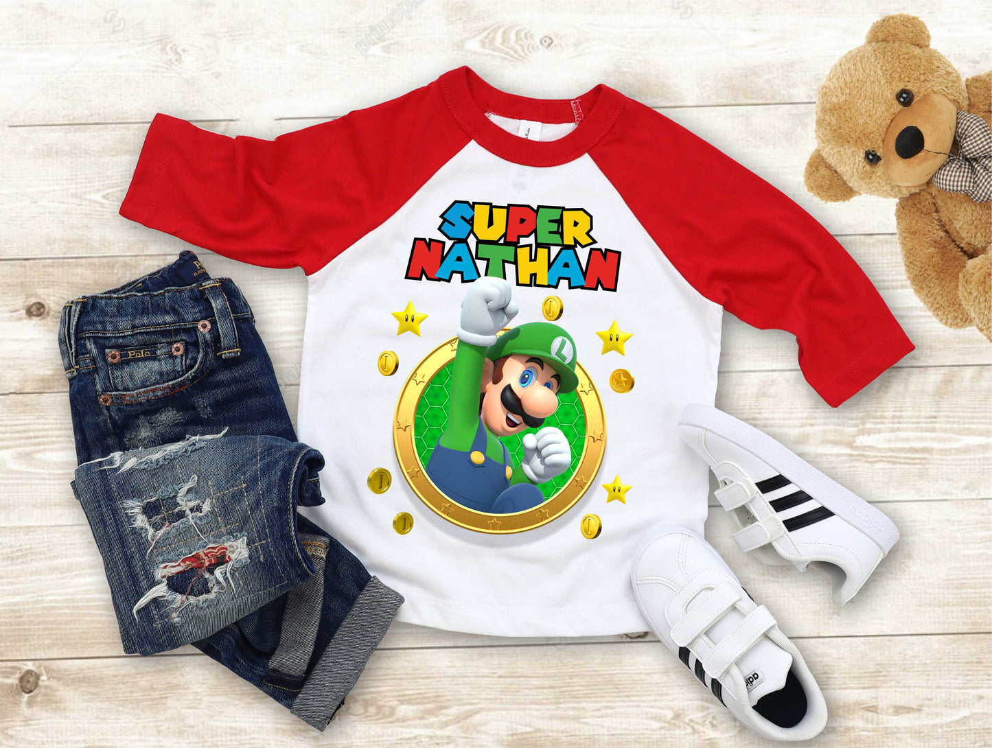 Luigi Birthday T Shirt, Super gift, Mario Personalized Family shirt, All colors, All Sizes, Short, 3/4 & Long Raglan Sleeves
