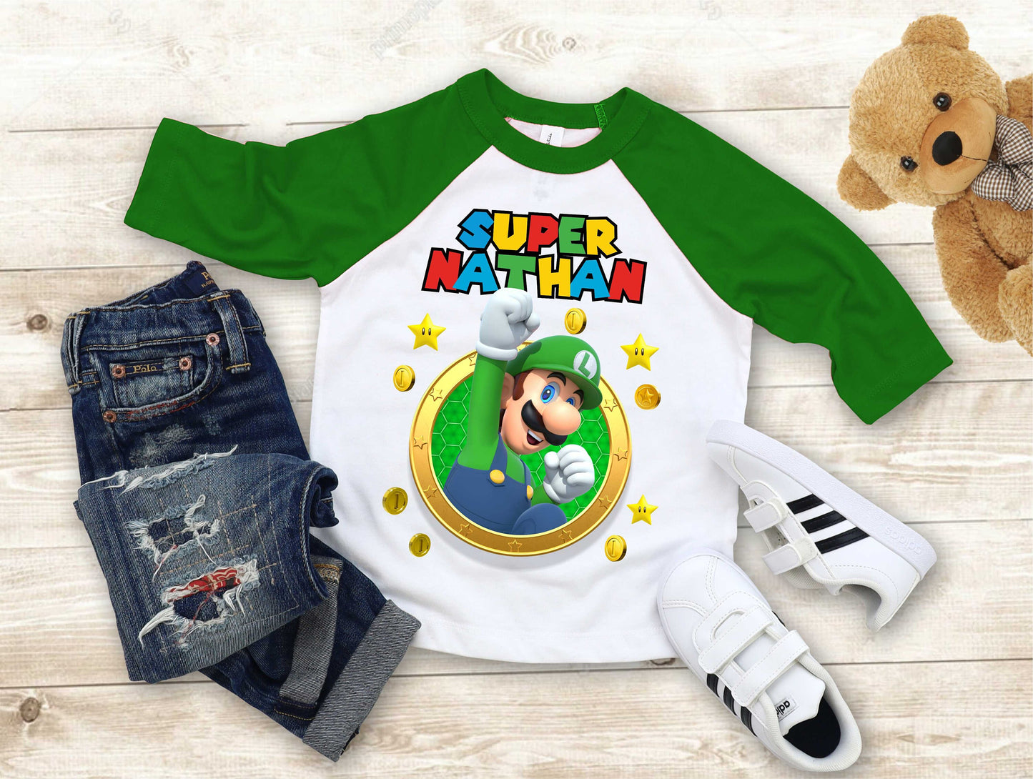 Luigi Birthday T Shirt, Super gift, Mario Personalized Family shirt, All colors, All Sizes, Short, 3/4 & Long Raglan Sleeves