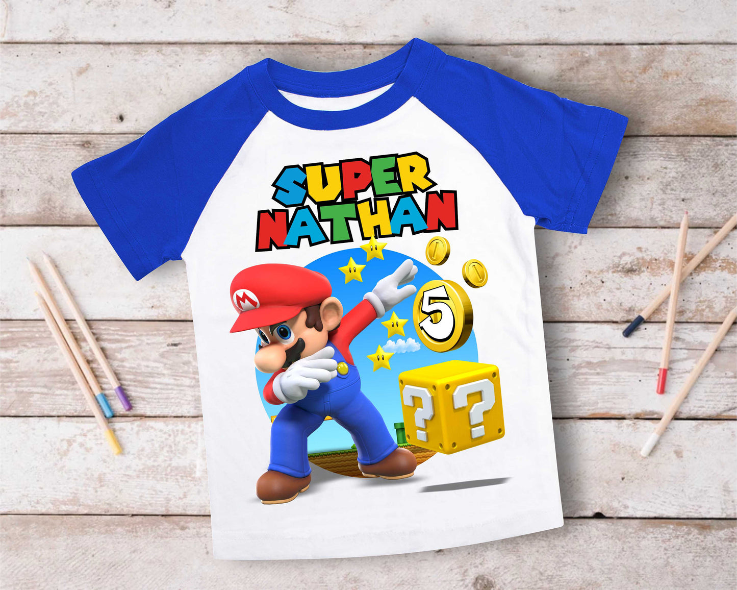 Mario Birthday Custom T Shirt, Personalized Family shirt, All colors, All Sizes, Short, 3/4 & Long Raglan Sleeves