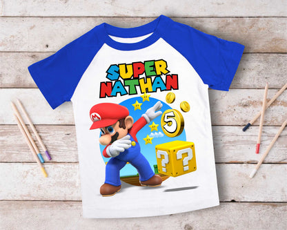 Mario Birthday Custom T Shirt, Personalized Family shirt, All colors, All Sizes, Short, 3/4 & Long Raglan Sleeves