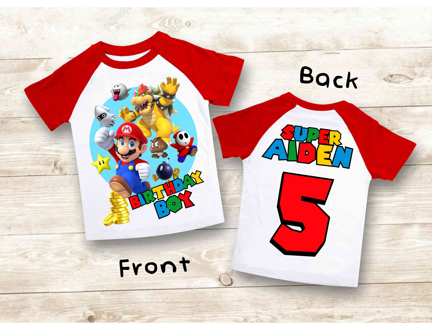 Mario Birthday Custom T Shirt, Personalized Family shirt, All colors, All Sizes, Short, 3/4 & Long Raglan Sleeves