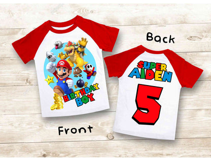 Mario Birthday Custom T Shirt, Personalized Family shirt, All colors, All Sizes, Short, 3/4 & Long Raglan Sleeves