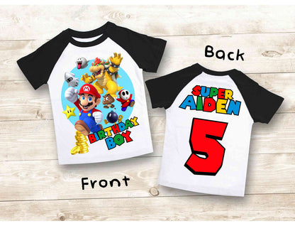 Mario Birthday Custom T Shirt, Personalized Family shirt, All colors, All Sizes, Short, 3/4 & Long Raglan Sleeves