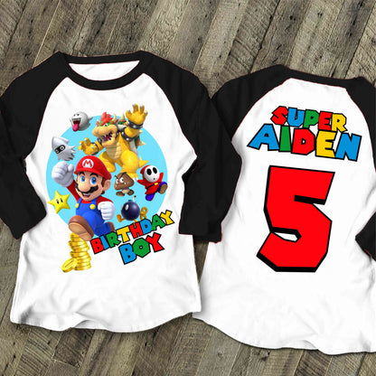 Mario Birthday Custom T Shirt, Personalized Family shirt, All colors, All Sizes, Short, 3/4 & Long Raglan Sleeves