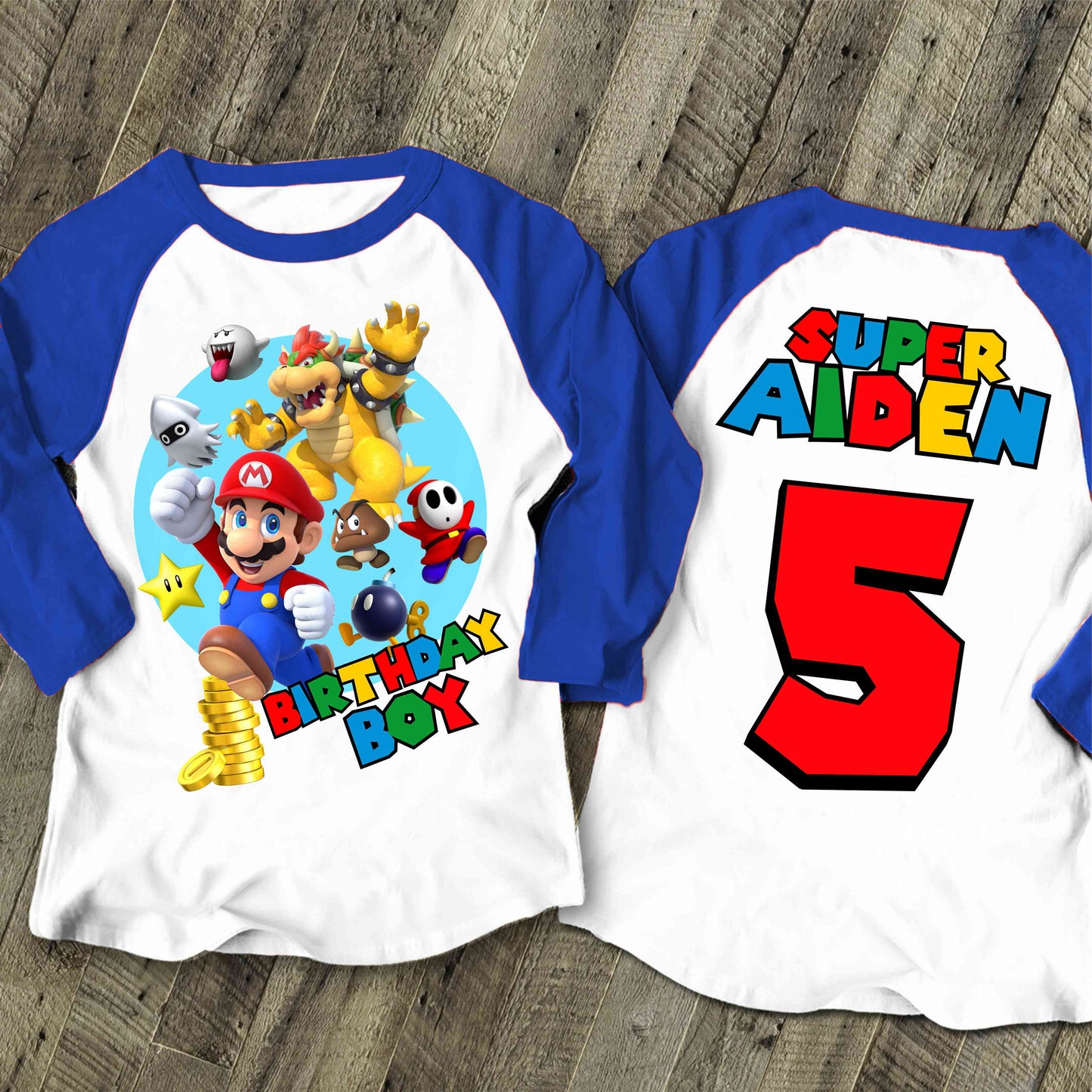 Mario Birthday Custom T Shirt, Personalized Family shirt, All colors, All Sizes, Short, 3/4 & Long Raglan Sleeves