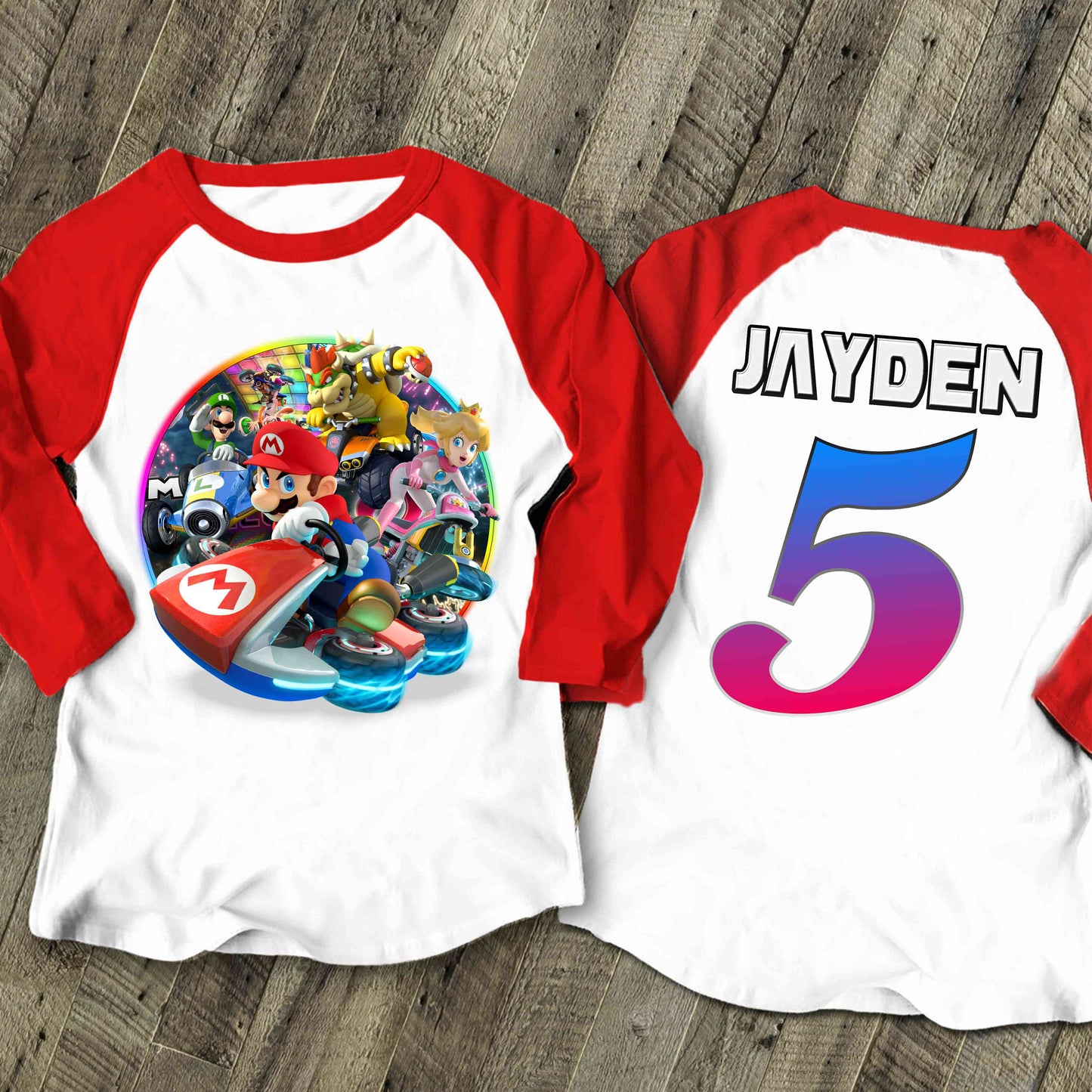 Mario Birthday Custom T Shirt, Personalized Family shirt, All colors, All Sizes, Short, 3/4 & Long Raglan Sleeves