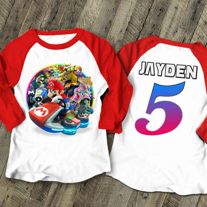Mario Birthday Custom T Shirt, Personalized Family shirt, All colors, All Sizes, Short, 3/4 & Long Raglan Sleeves