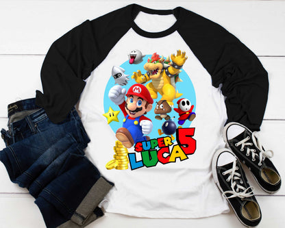 Mario Birthday Custom T Shirt, Personalized Family shirt, All colors, All Sizes, Short, 3/4 & Long Raglan Sleeves
