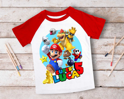 Mario Birthday Custom T Shirt, Personalized Family shirt, All colors, All Sizes, Short, 3/4 & Long Raglan Sleeves