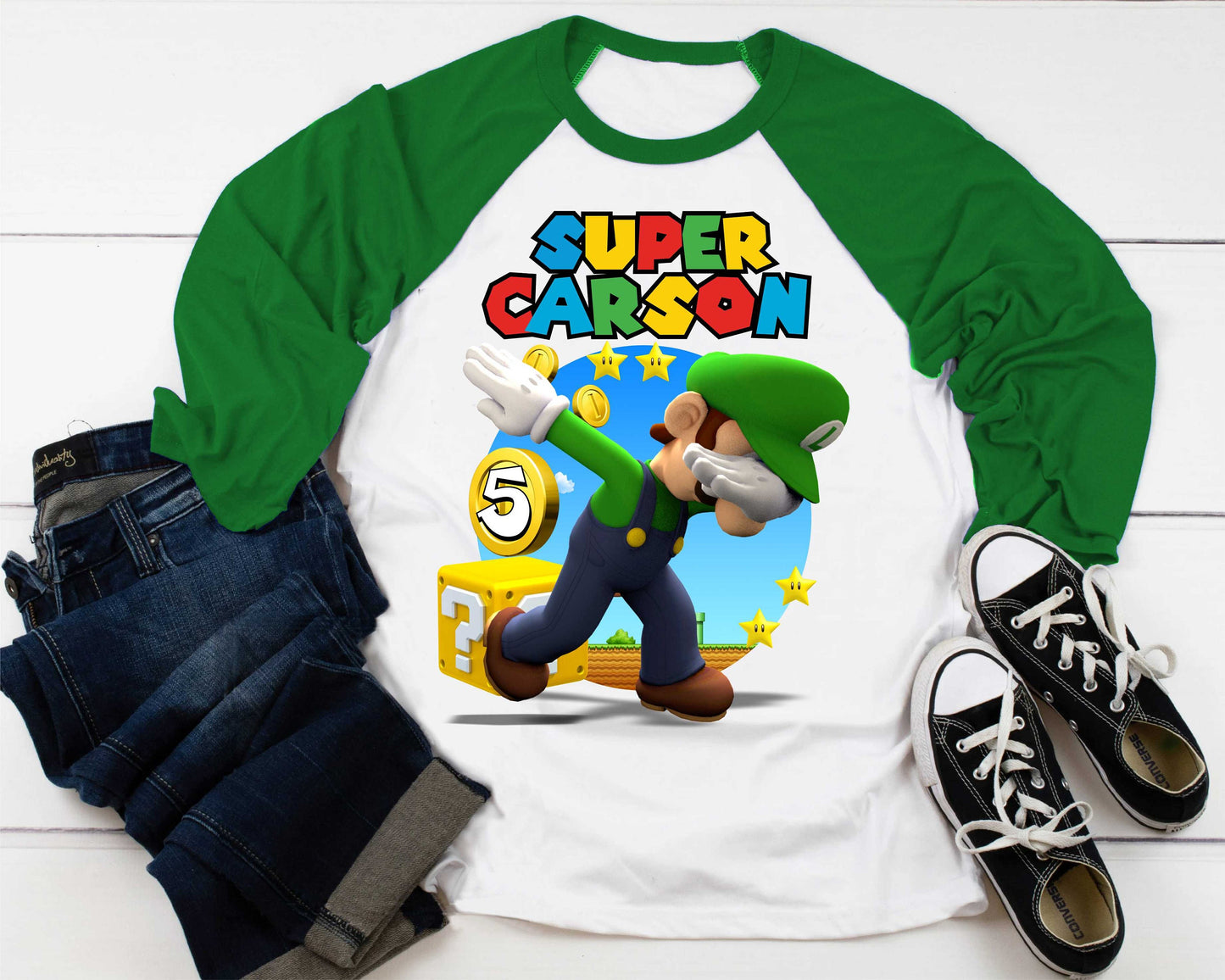 Luigi Birthday T Shirt, Super gift, Mario Personalized Family shirt, All colors, All Sizes, Short, 3/4 & Long Raglan Sleeves