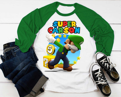 Luigi Birthday T Shirt, Super gift, Mario Personalized Family shirt, All colors, All Sizes, Short, 3/4 & Long Raglan Sleeves
