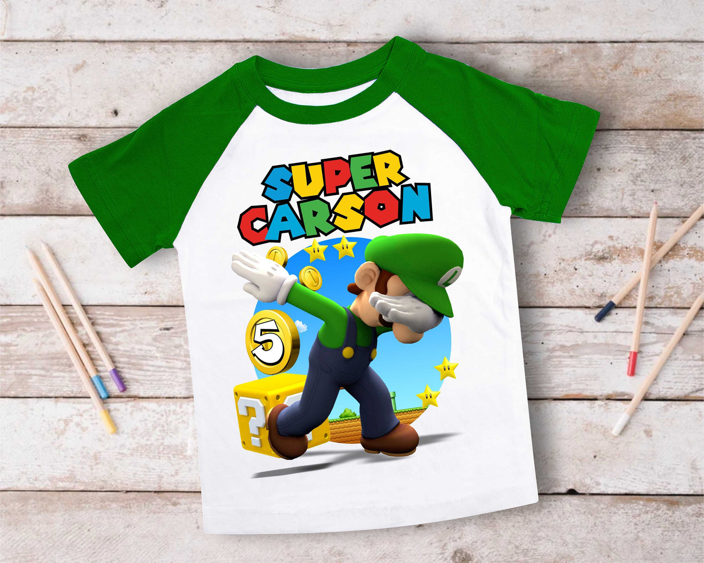 Luigi Birthday T Shirt, Super gift, Mario Personalized Family shirt, All colors, All Sizes, Short, 3/4 & Long Raglan Sleeves