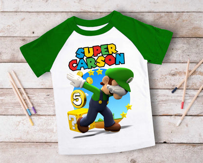 Luigi Birthday T Shirt, Super gift, Mario Personalized Family shirt, All colors, All Sizes, Short, 3/4 & Long Raglan Sleeves