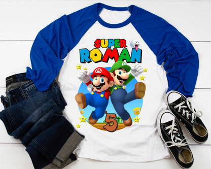 Mario Birthday Custom T Shirt, Personalized Family shirt, All colors, All Sizes, Short, 3/4 & Long Raglan Sleeves