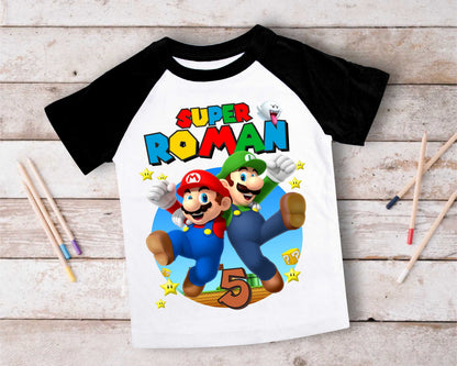 Mario Birthday Custom T Shirt, Personalized Family shirt, All colors, All Sizes, Short, 3/4 & Long Raglan Sleeves