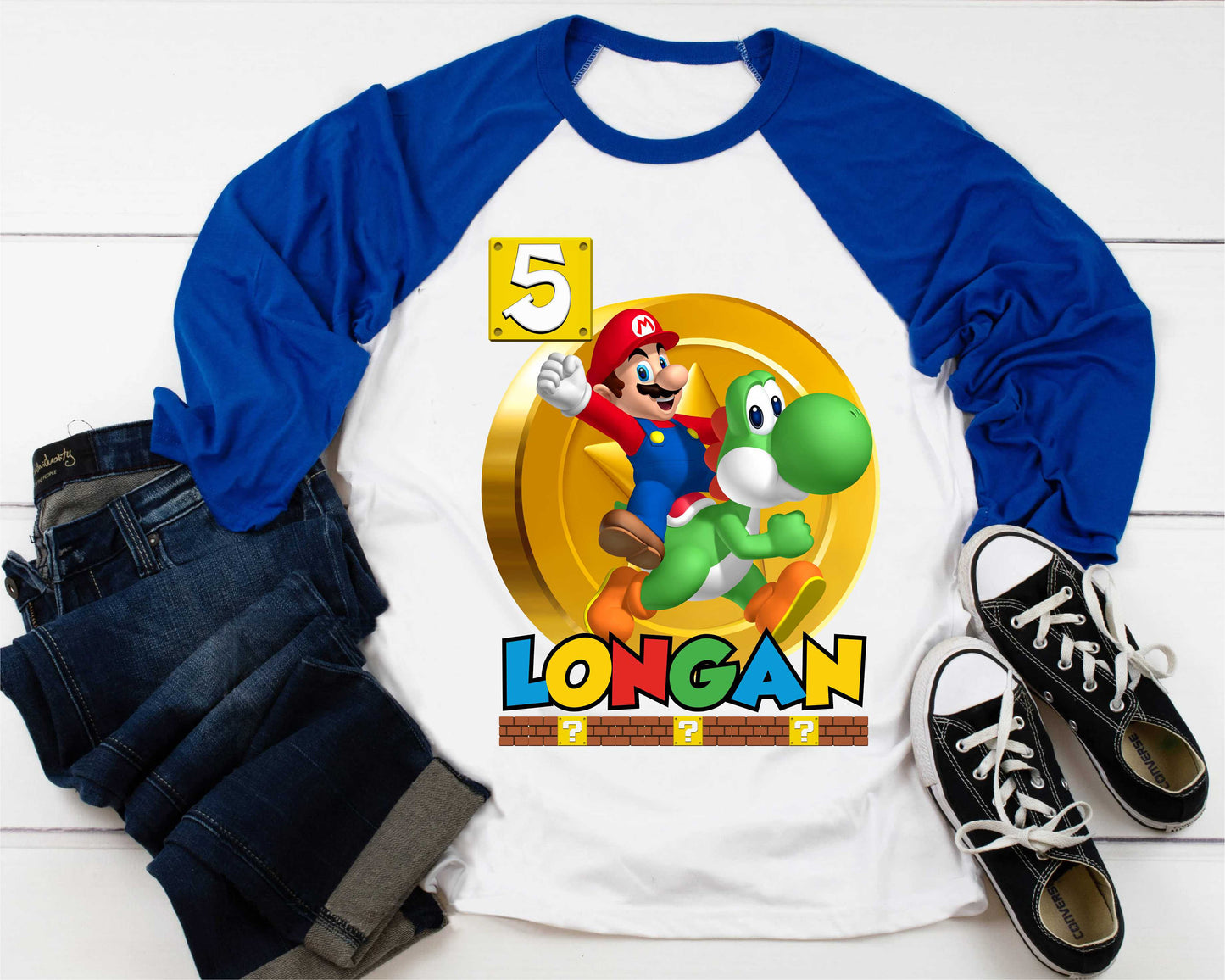 Mario Birthday Custom T Shirt, Personalized Family shirt, All colors, All Sizes, Short, 3/4 & Long Raglan Sleeves