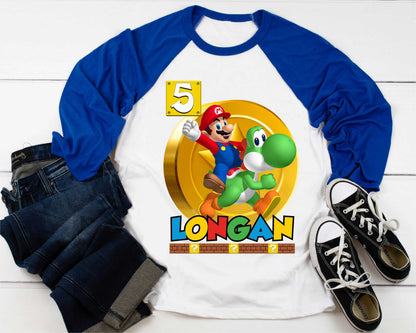 Mario Birthday Custom T Shirt, Personalized Family shirt, All colors, All Sizes, Short, 3/4 & Long Raglan Sleeves
