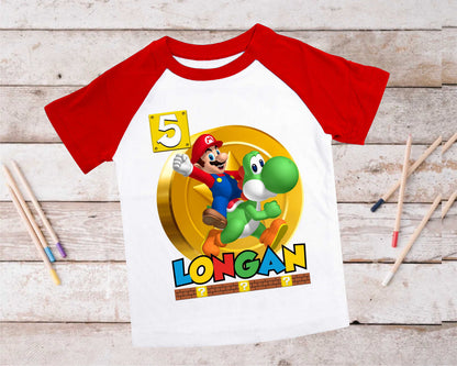 Mario Birthday Custom T Shirt, Personalized Family shirt, All colors, All Sizes, Short, 3/4 & Long Raglan Sleeves