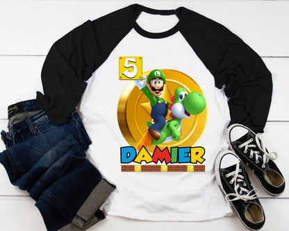 Luigi Birthday T Shirt, Super gift, Mario Personalized Family shirt, All colors, All Sizes, Short, 3/4 & Long Raglan Sleeves