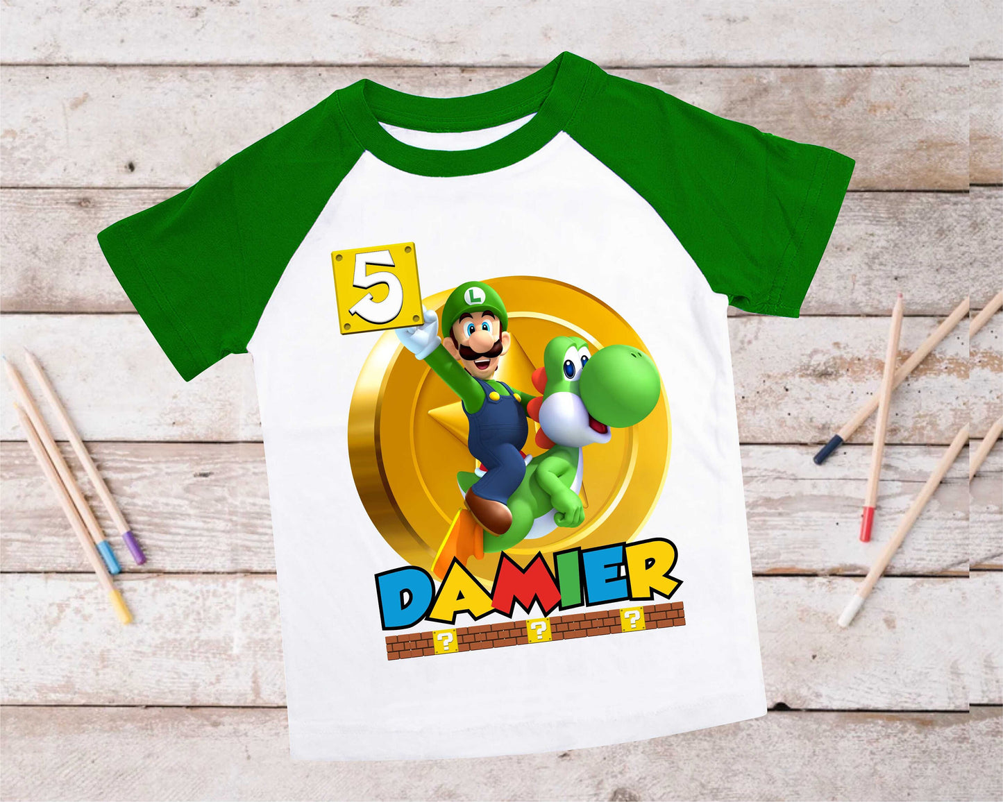 Luigi Birthday T Shirt, Super gift, Mario Personalized Family shirt, All colors, All Sizes, Short, 3/4 & Long Raglan Sleeves