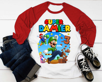 Luigi Birthday T Shirt, Super gift, Mario Personalized Family shirt, All colors, All Sizes, Short, 3/4 & Long Raglan Sleeves
