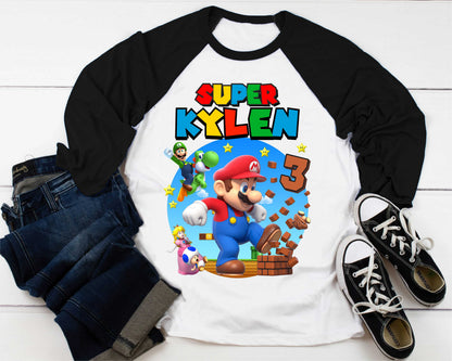 Mario Birthday Custom T Shirt, Personalized Family shirt, All colors, All Sizes, Short, 3/4 & Long Raglan Sleeves