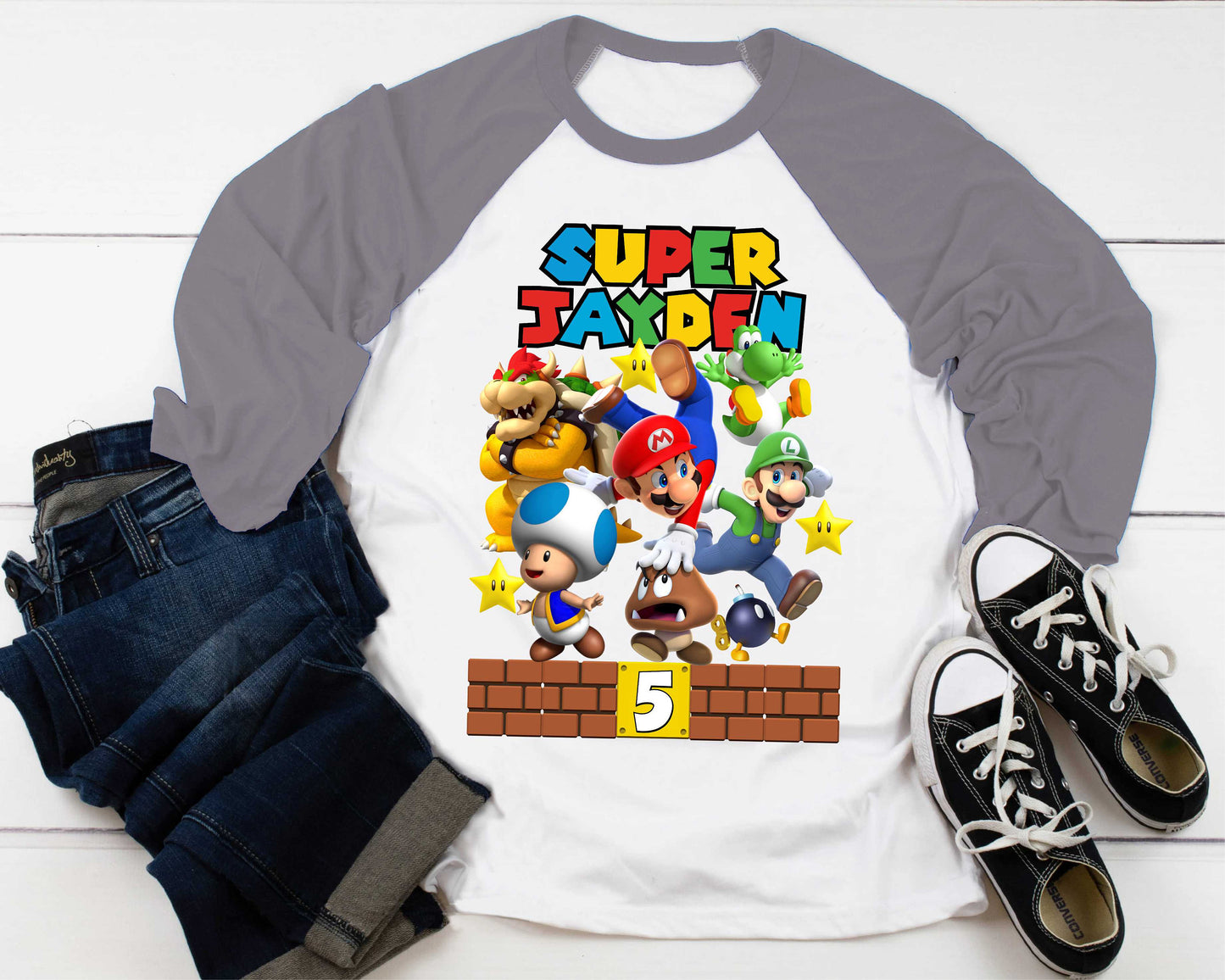 Mario Birthday Custom T Shirt, Personalized Family shirt, All colors, All Sizes, Short, 3/4 & Long Raglan Sleeves