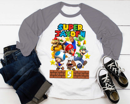 Mario Birthday Custom T Shirt, Personalized Family shirt, All colors, All Sizes, Short, 3/4 & Long Raglan Sleeves