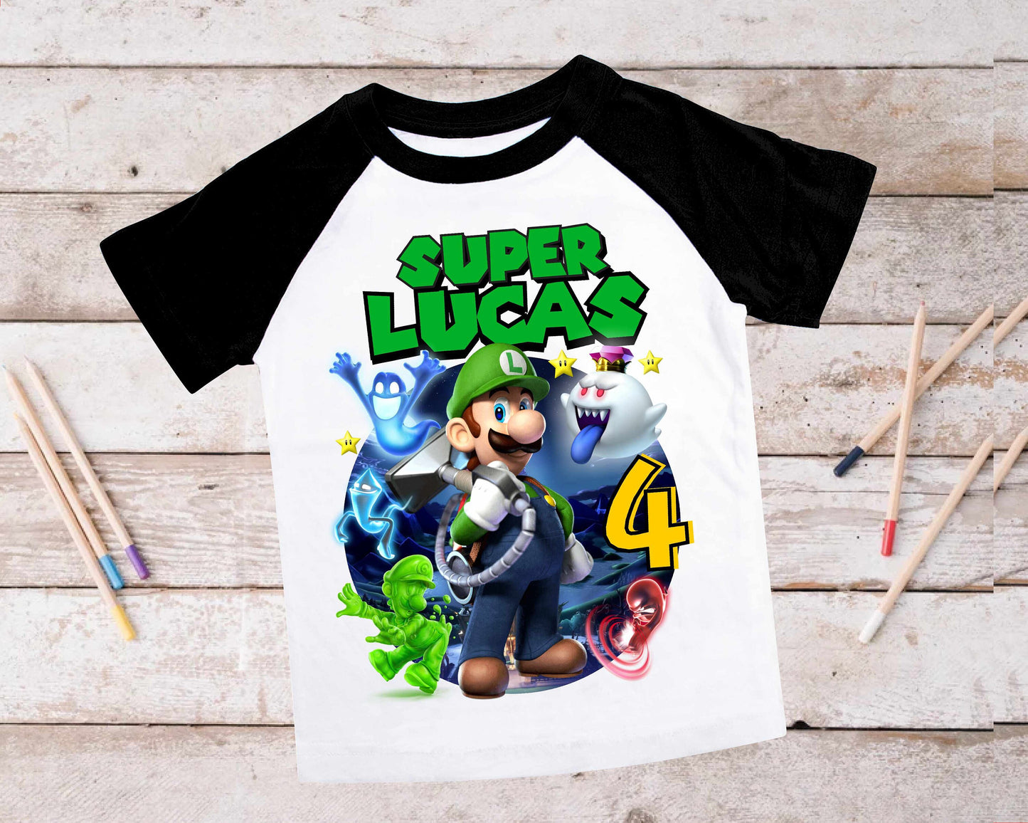 Luigi Birthday T Shirt, Super gift, Mario Personalized Family shirt, All colors, All Sizes, Short, 3/4 & Long Raglan Sleeves