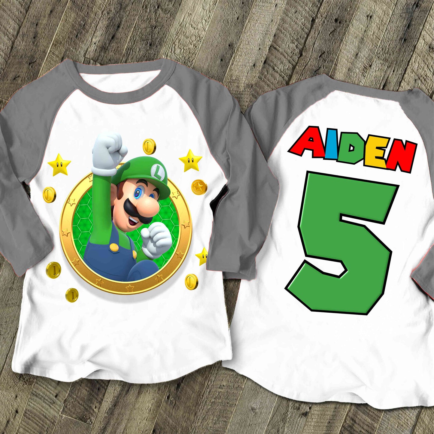 Luigi Birthday T Shirt, Super gift, Mario Personalized Family shirt, All colors, All Sizes, Short, 3/4 & Long Raglan Sleeves