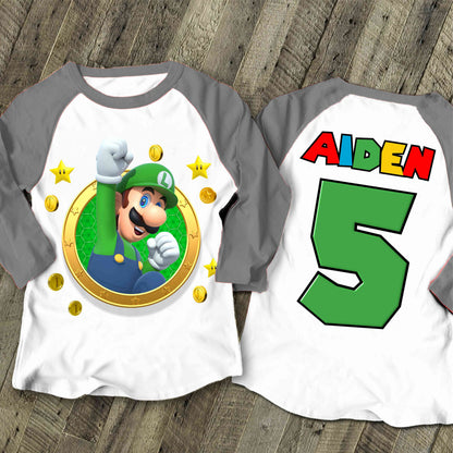 Luigi Birthday T Shirt, Super gift, Mario Personalized Family shirt, All colors, All Sizes, Short, 3/4 & Long Raglan Sleeves